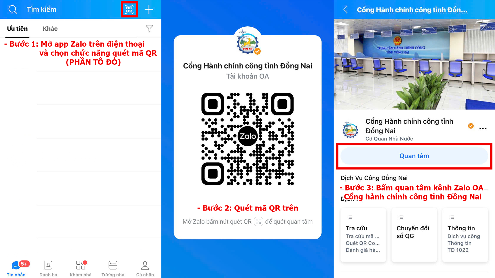 Hướng dẫn về việc Nhận được tin nhắn thông tin, trạng thái hồ sơ từ Zalo OA Cổng hành chính công tỉnh Đồng Nai