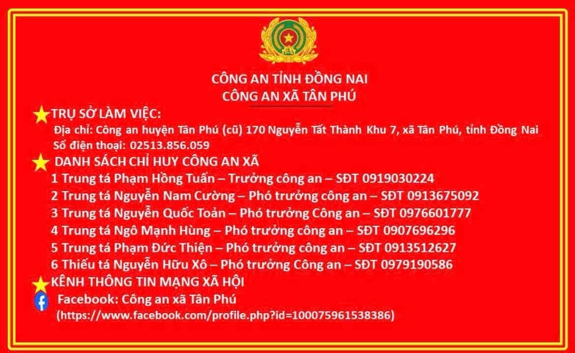 THÔNG BÁO VỀ THÔNG TIN LIÊN LẠC CỦA CÔNG AN XÃ TÂN PHÚ