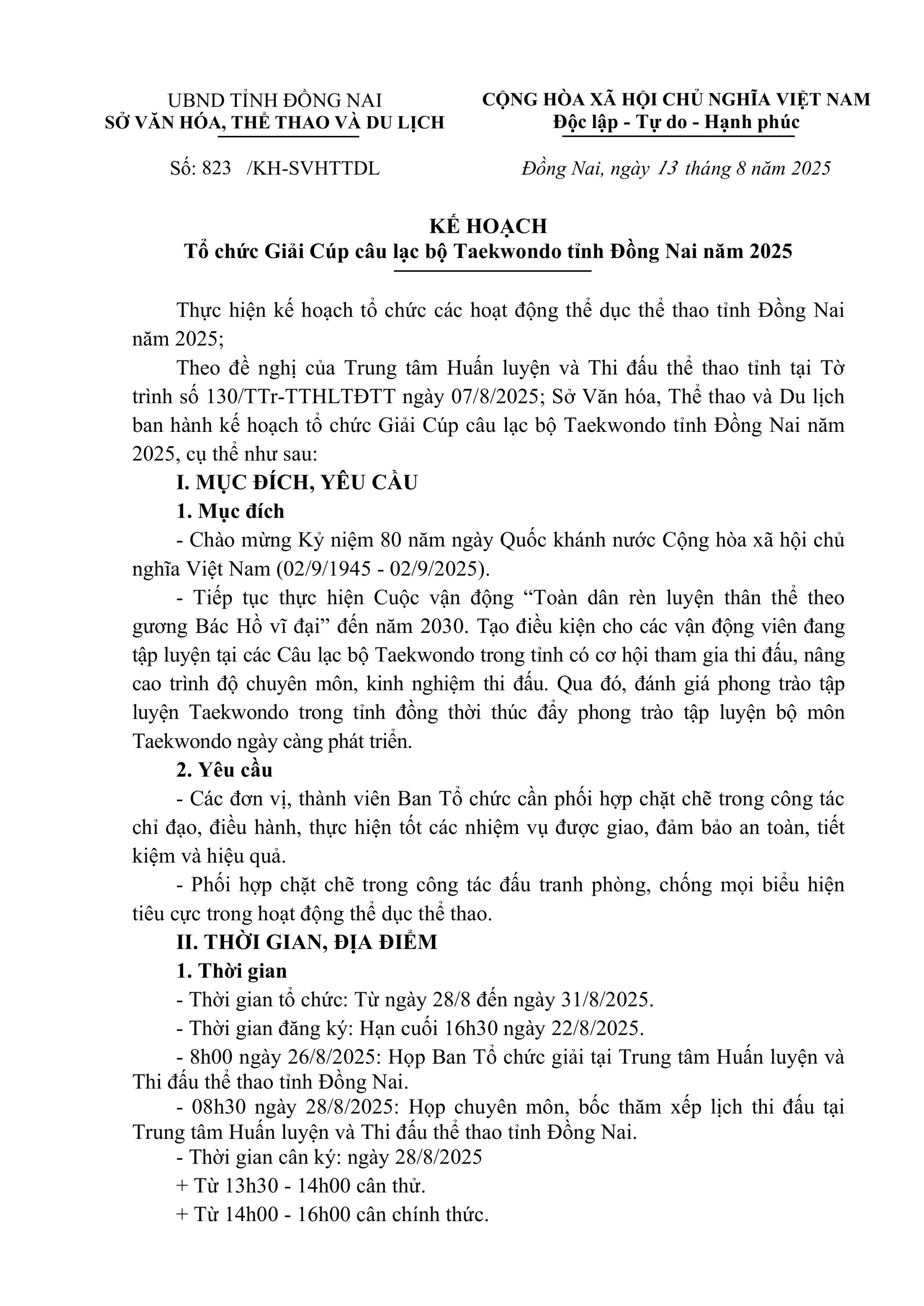 Kế hoạch Giải Cúp CLB Taekwondo năm 2025 hình ảnh 0