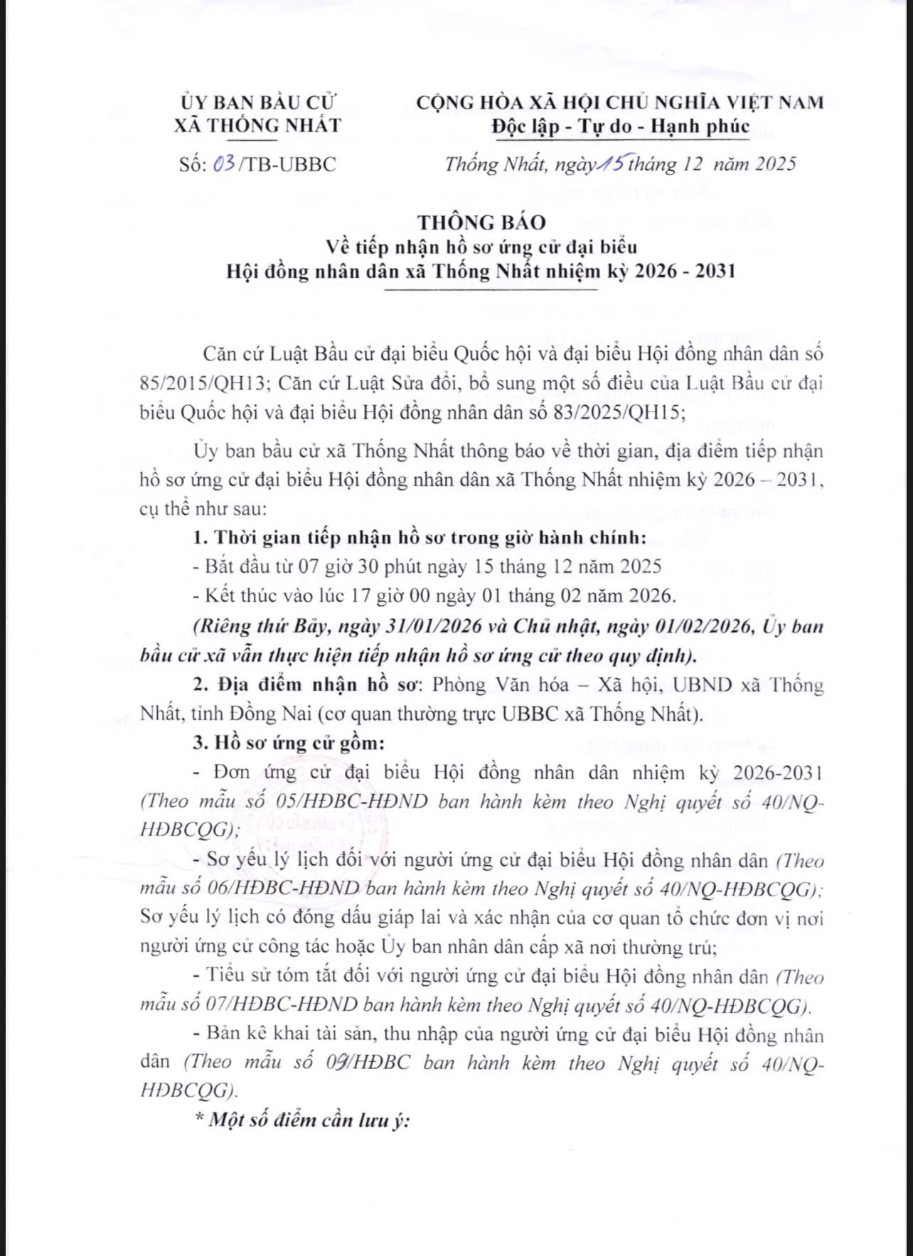 Thông Báo về về tiếp nhận hồ sơ ứng cử đại biểu Hội đồng nhân dân xã Thống Nhất nhiệm kỳ 2026-2030