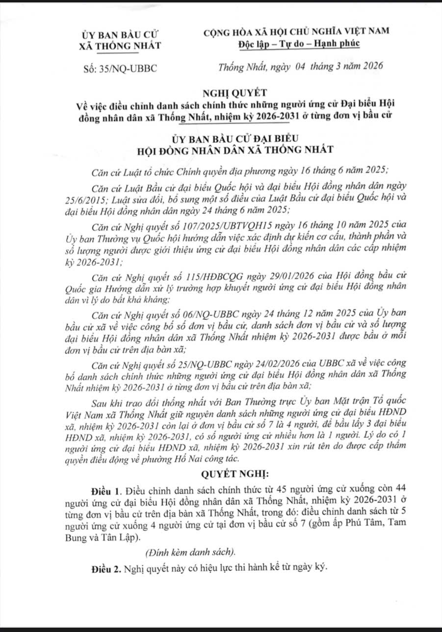 Nghị quyết về việc điều chỉnh danh sách chính thức những người ứng cử Đại biểu Hội đồng nhân dân xã Thống Nhất, nhiệm kỳ 2026 - 2031 ở từng đơn vị bầu cử