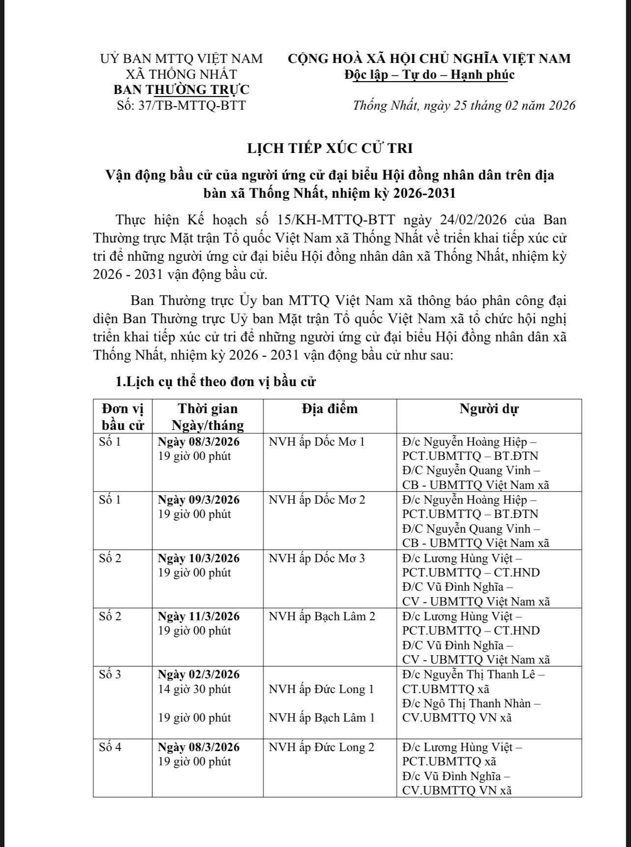 LỊCH TIẾP XÚC CỬ TRI