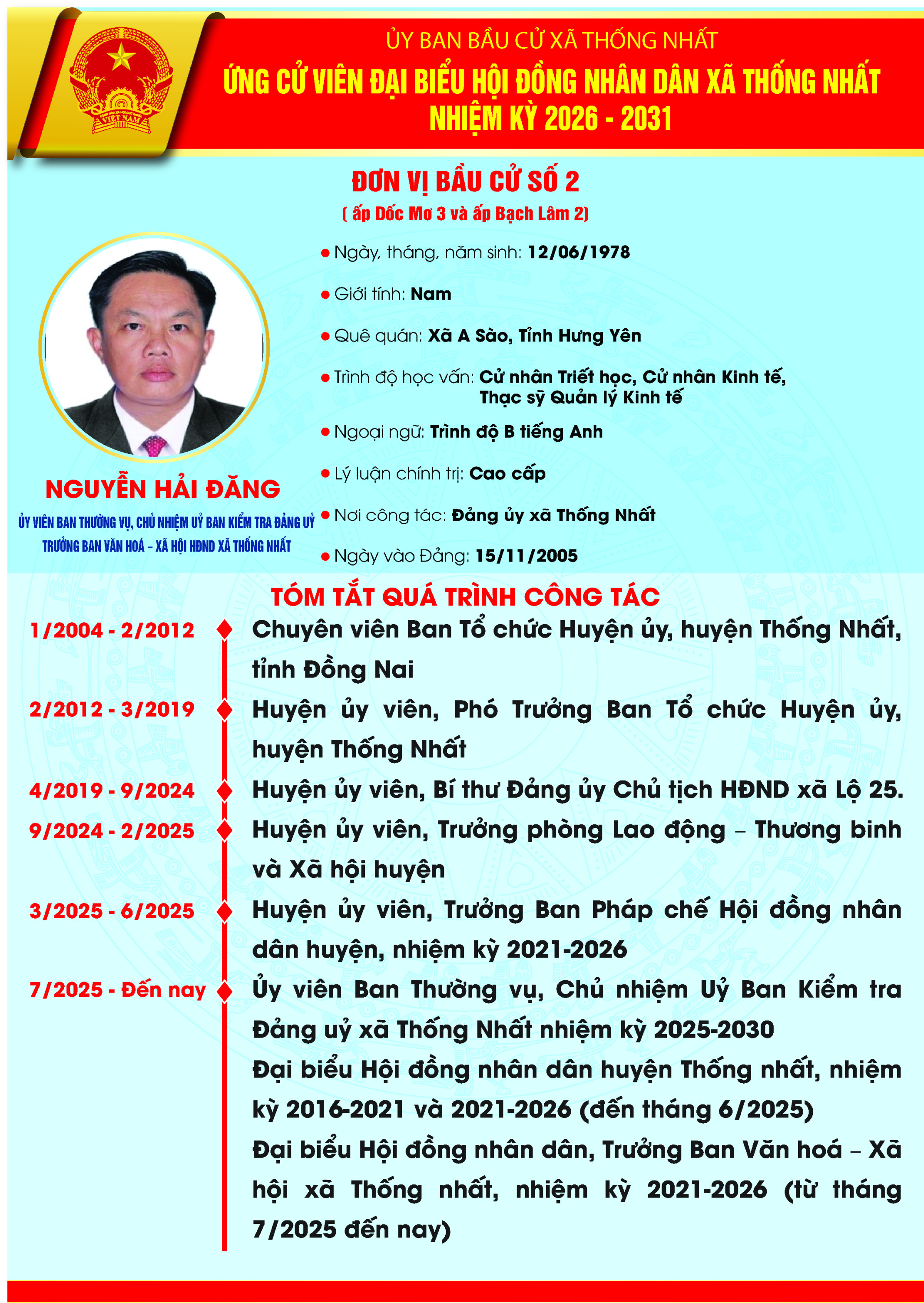 TIỂU SỬ TÓM TẮT CỦA NGƯỜI ỨNG CỬ ĐẠI BIỂU HỘI ĐỒNG NHÂN DÂN XÃ THỐNG NHẤT, NHIỆM KỲ 2026-2031 ĐƠN VỊ BẦU CỬ SỐ 2