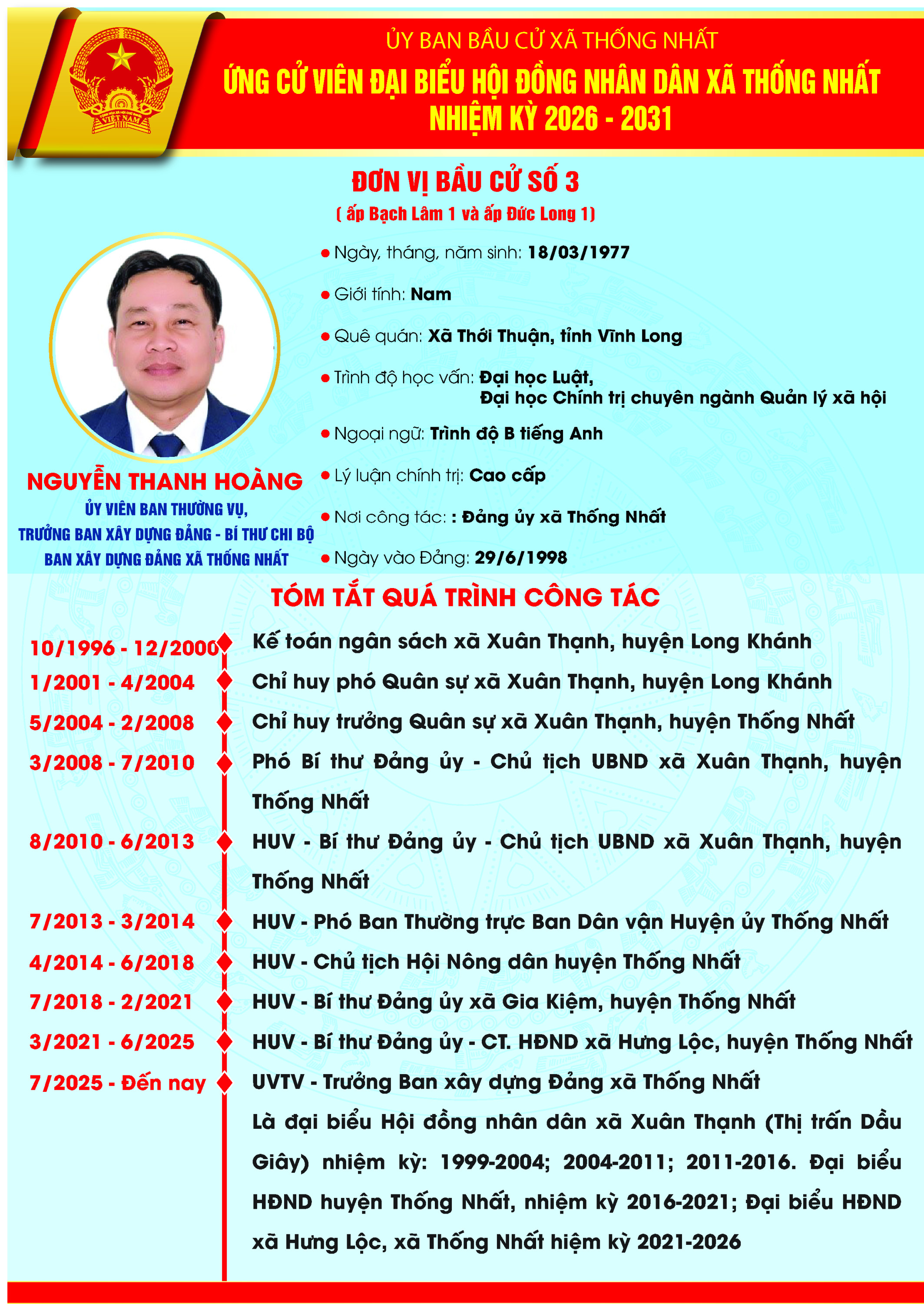 TIỂU SỬ TÓM TẮT CỦA NGƯỜI ỨNG CỬ ĐẠI BIỂU HỘI ĐỒNG NHÂN DÂN XÃ THỐNG NHẤT, NHIỆM KỲ 2026-2031 ĐƠN VỊ BẦU CỬ SỐ 3