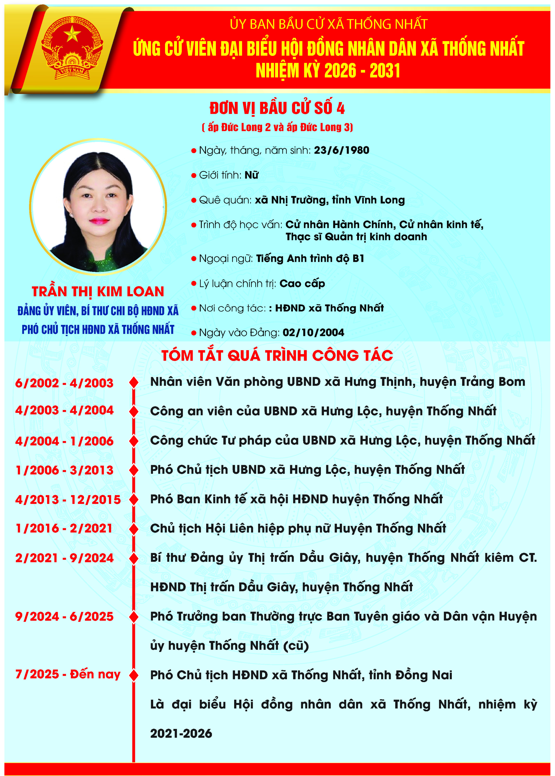 TIỂU SỬ TÓM TẮT CỦA NGƯỜI ỨNG CỬ ĐẠI BIỂU HỘI ĐỒNG NHÂN DÂN XÃ THỐNG NHẤT, NHIỆM KỲ 2026-2031 ĐƠN VỊ BẦU CỬ SỐ 4