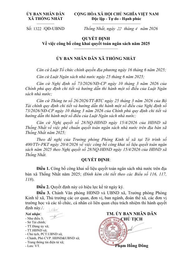 QUYẾT ĐỊNH Về việc công bố công khai quyết toán ngân sách năm 2025