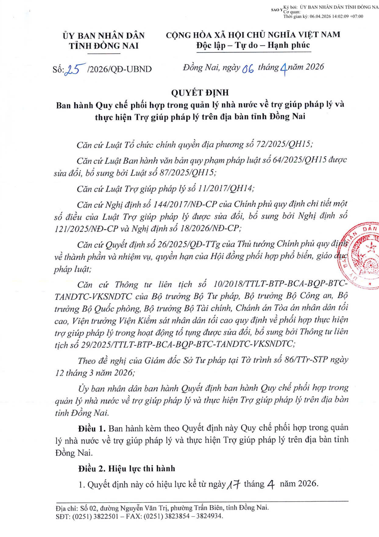 Quyết định Ban hành Quy chế phối hợp trong quản lý nhà nước về trợ giúp phát lý và thực hiện trợ giúp pháp lý trên địa bàn tỉnh Đồng Nai