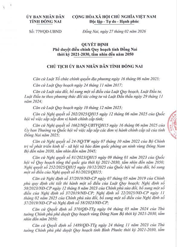 Quyết định phê duyệt điều chính Quy hoạch tỉnh Đồng Nai thời kỳ 2021-2030 tầm nhìn đến năm 2050