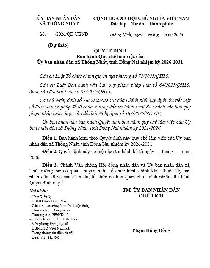 Dự thảo QUYẾT ĐỊNH Ban hành Quy chế làm việc của  Ủy ban nhân dân xã Thống Nhất, tỉnh Đồng Nai nhiệm kỳ 2026-2031