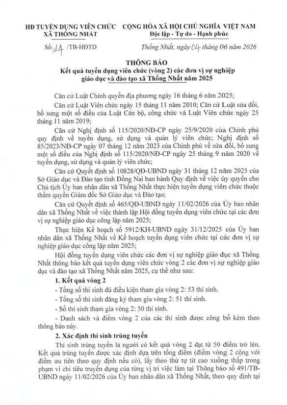 Kết quả tuyển dụng viên chức (vòng 2) các đơn vị sự nghiệp  giáo dục và đào tạo xã Thống Nhất năm 2025