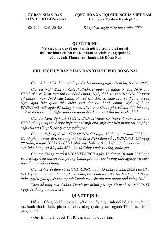 QUYẾT ĐỊNH  Về việc phê duyệt quy trình nội bộ trong giải quyết   thủ tục hành chính thuộc phạm vi, chức năng quản lý   của ngành Thanh tra thành phố Đồng Nai