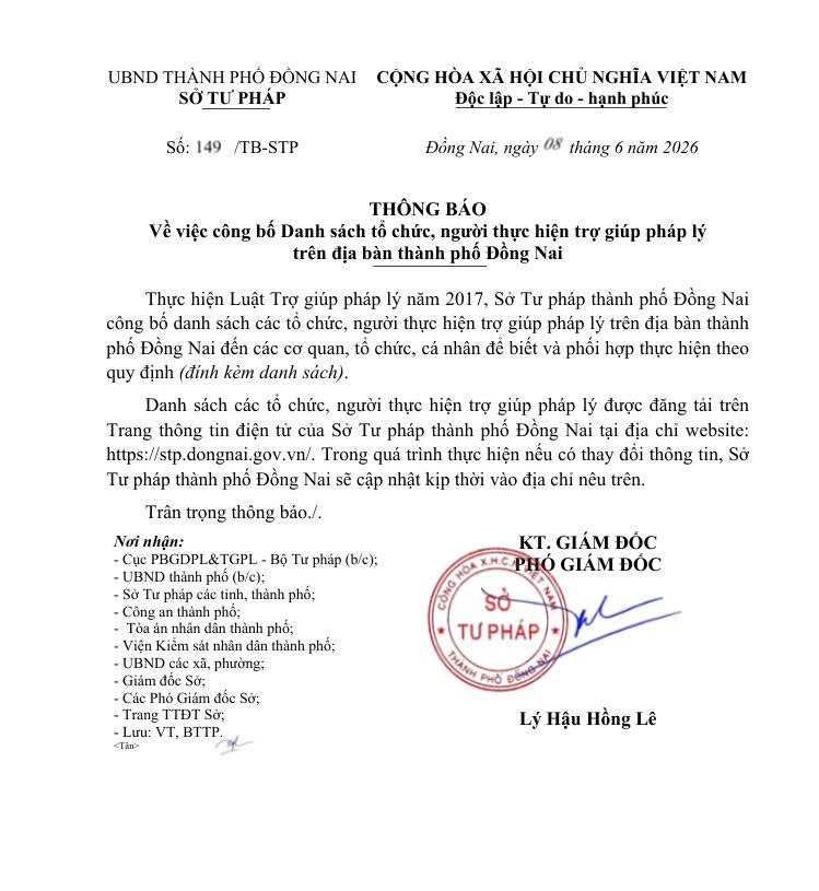 THÔNG BÁO Về việc công bố Danh sách tổ chức, người thực hiện trợ giúp pháp lý  trên địa bàn thành phố Đồng Nai
