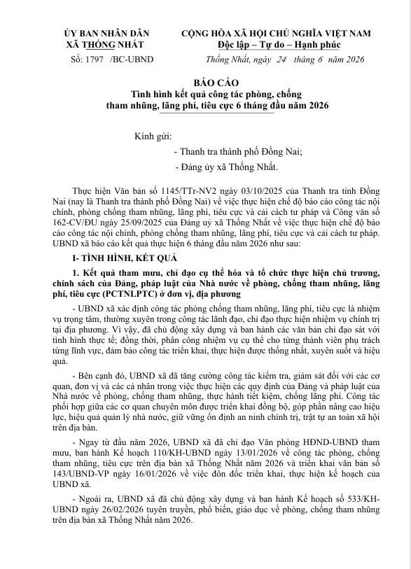 Tình hình kết quả công tác phòng, chống tham nhũng, lãng phí, tiêu cực 6 tháng đầu năm 2026