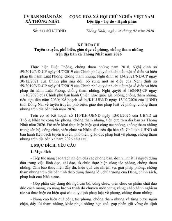 Tuyên truyền, phổ biến, giáo dục về phòng, chống tham nhũng  trên địa bàn xã Thống Nhất năm 2026