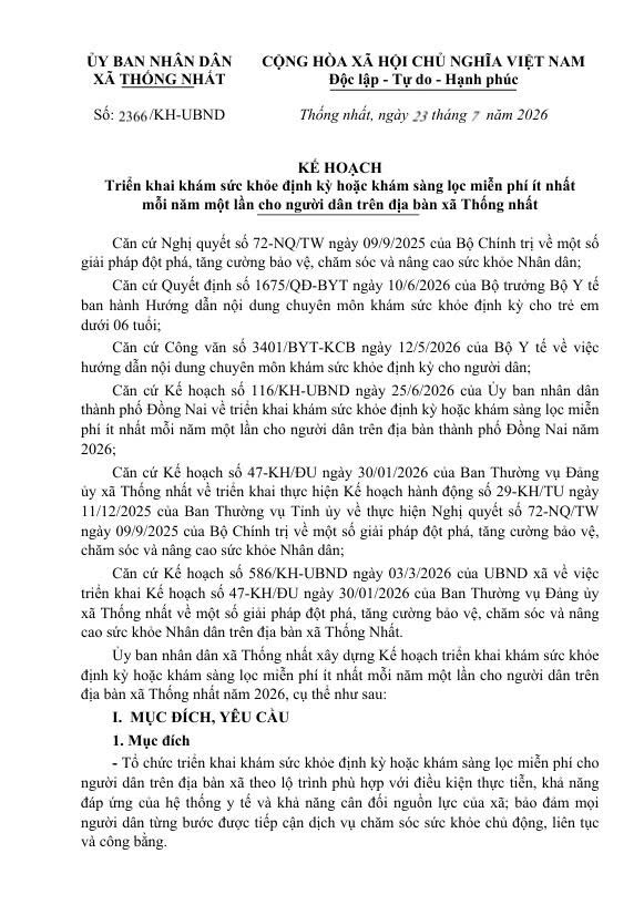 KẾ HOẠCH Triển khai khám sức khỏe định kỳ hoặc khám sàng lọc miễn phí ít nhất  mỗi năm một lần cho người dân trên địa bàn xã Thống nhất