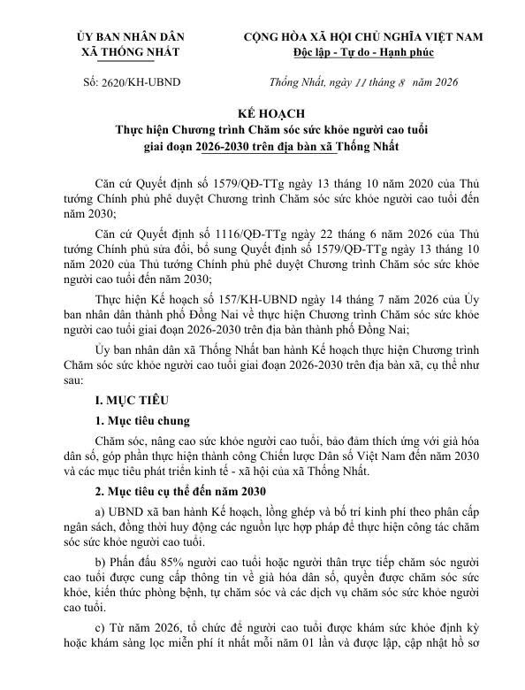 KẾ HOẠCH Thực hiện Chương trình Chăm sóc sức khỏe người cao tuổi giai đoạn 2026-2030 trên địa bàn xã Thống Nhất
