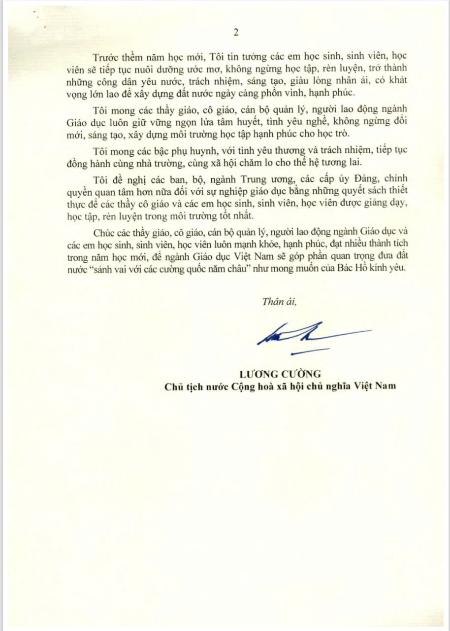 Chủ tịch nước gửi thư cho ngành Giáo dục nhân dịp khai giảng năm học mới 2025-2026
