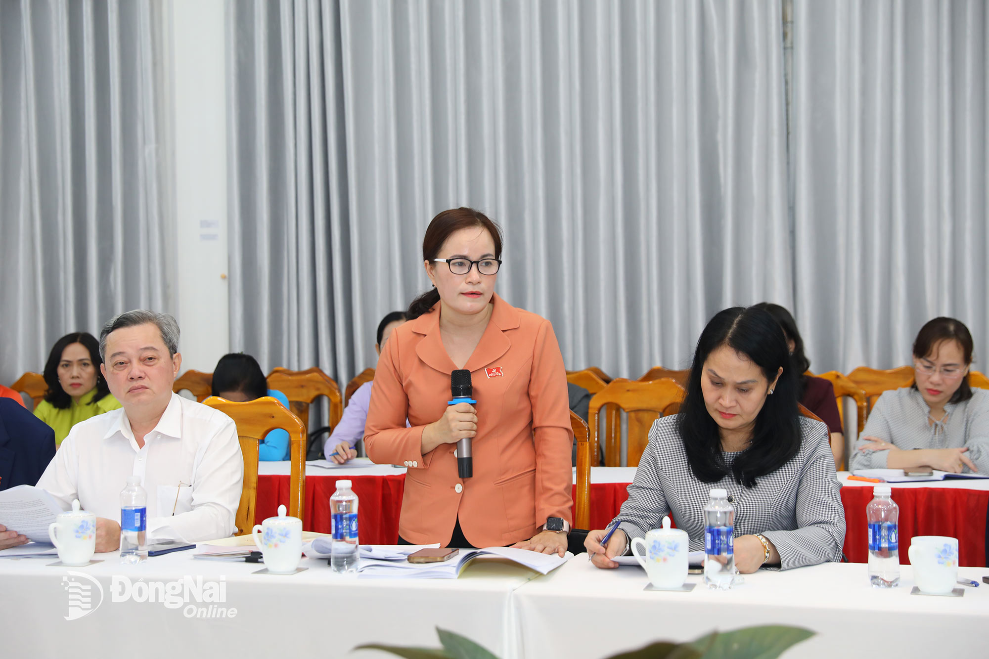 Tỉnh ủy viên, Phó Trưởng ban phụ trách Ban Tuyên giáo và Dân vận Tỉnh ủy Đồng Nai Nguyễn Thị Hồng Trang trình bày báo cáo tổng hợp các ý kiến đóng góp của đại biểu. Ảnh: Huy Anh