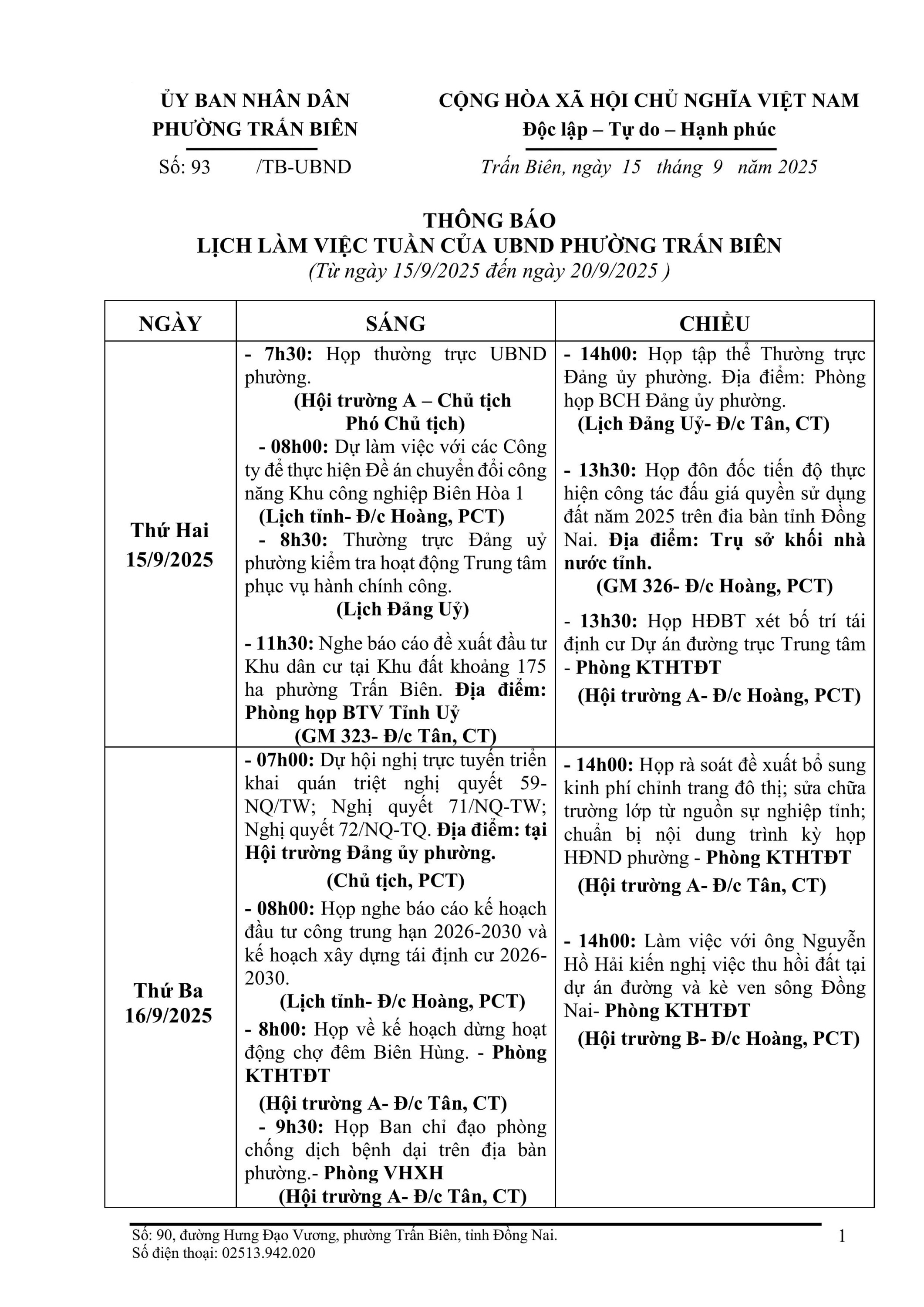 Lịch làm việc của UBND phường Trấn Biên Tuần 38 hình ảnh 0