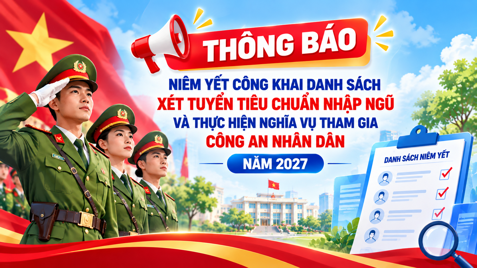 Thông báo số 418/TB-HĐ.NVQS niêm yết công khai danh sách xét tuyển tiêu chuẩn nhập ngũ và thực hiện nghĩa vụ tham gia công an nhân dân năm 2027