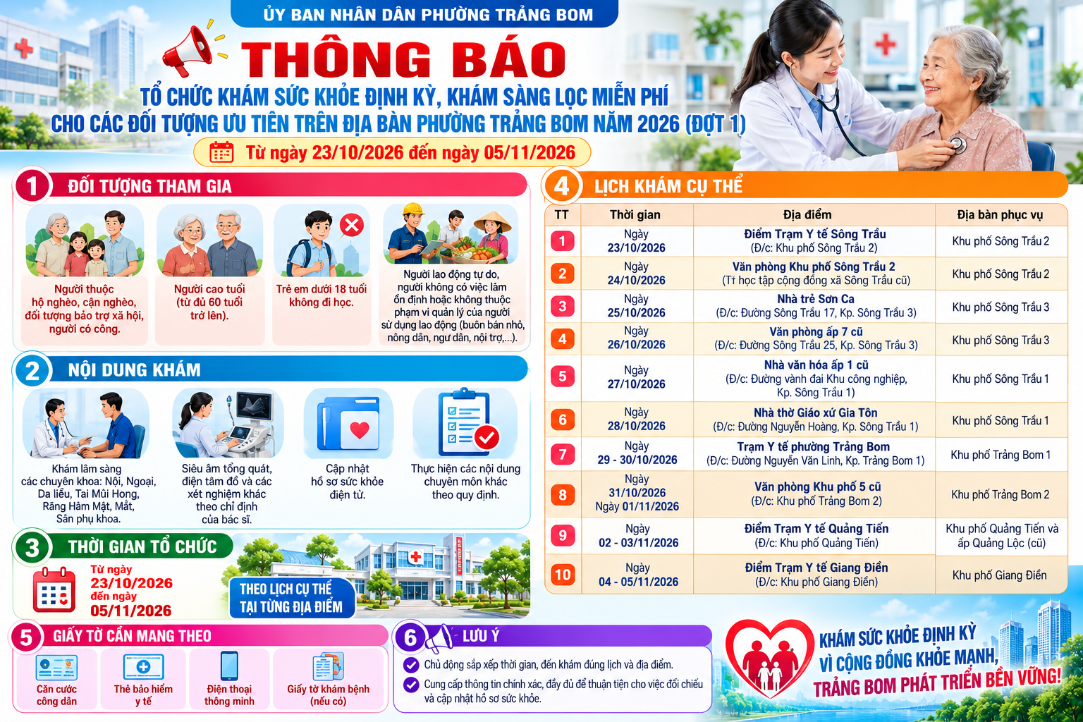 LỊCH KHÁM SỨC KHỎE ĐỊNH KỲ, KHÁM SÀNG LỌC MIỄN PHÍ CHO CÁC ĐỐI TƯỢNG ƯU TIÊN NĂM 2026 (ĐỢT 1)