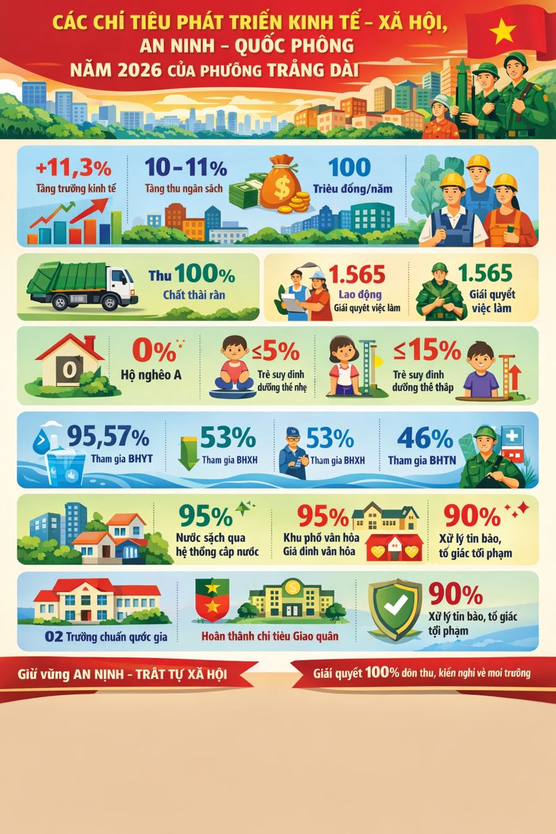 Chỉ tiêu KTXH năm 2026 của phường Trảng Dài