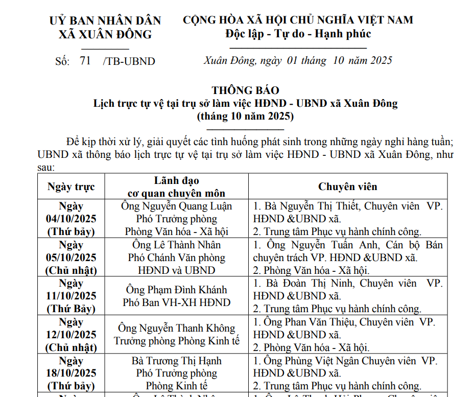 tb lịch truc
