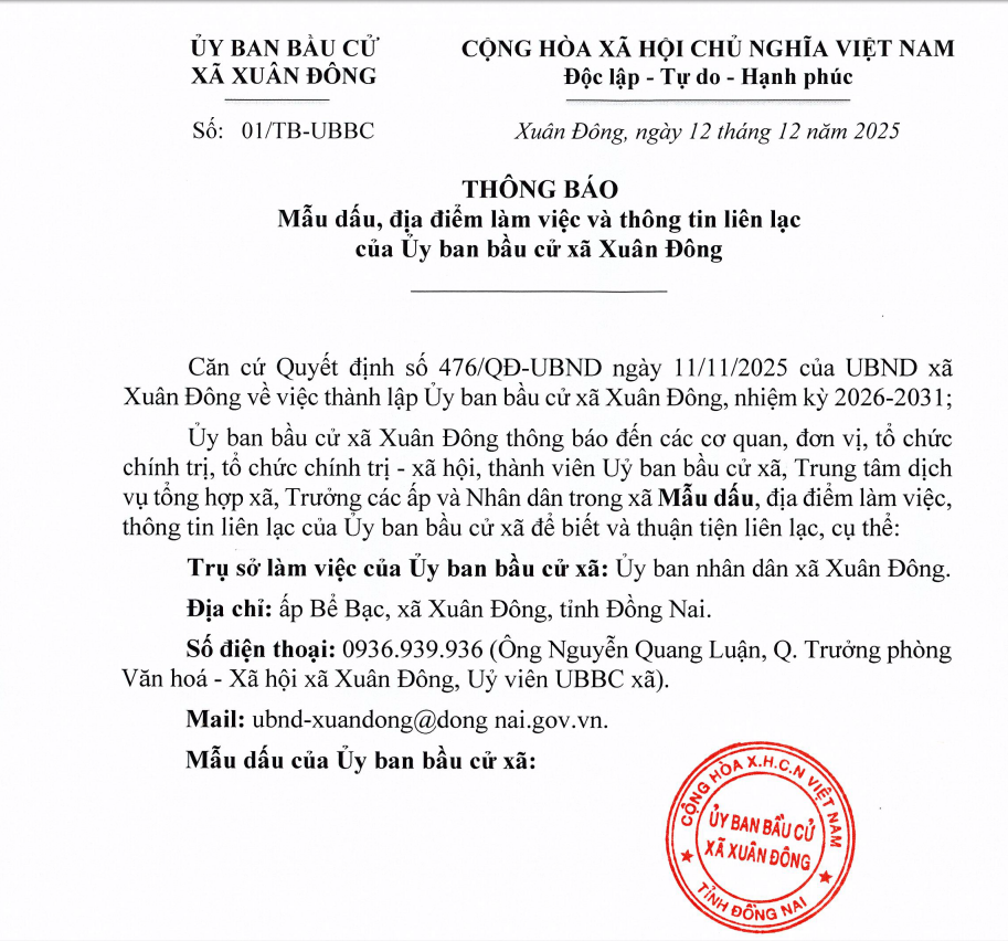 thong bao noi lam viec ubbc xã