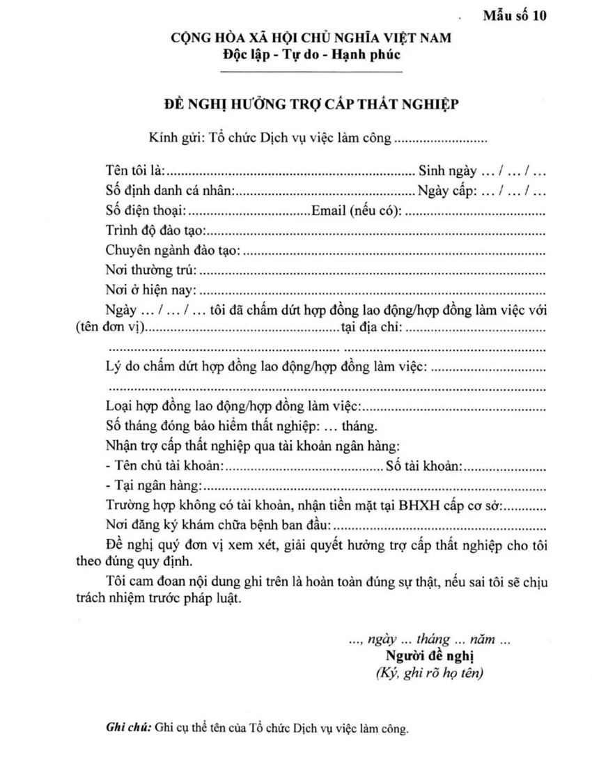 mẫu đơn rọ cấp thất nghiệp