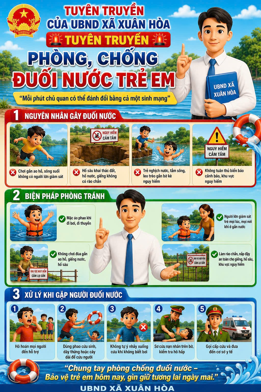 UBND XÃ XUÂN HÒA TUYÊN TRUYỀN PHÒNG, CHỐNG  ĐUỐI NƯỚC TRẺ EM DỊP HÈ