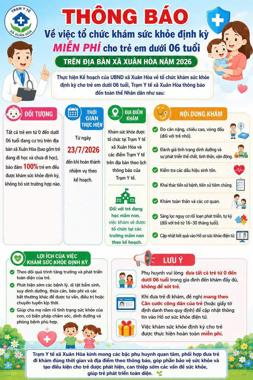 Thông báo khám sức khỏe định kỳ miễn phí cho trẻ em trên địa bàn xã