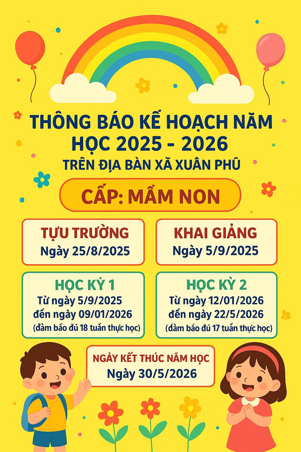 THÔNG BÁO KẾ HOẠCH THỜI GIAN NĂM HỌC 2025-2026 TẠI XÃ XUÂN PHÚ