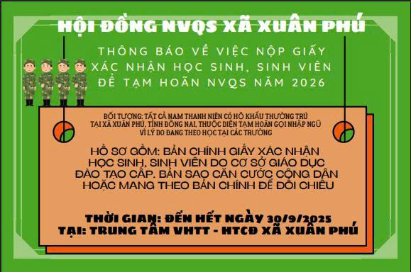 THÔNG BÁO VỀ VIỆC NỘP GIẤY XÁC NHẬN HỌC SINH, SINH VIÊN ĐỂ TẠM HOÃN NGHĨA VỤ QUÂN SỰ NĂM 2026