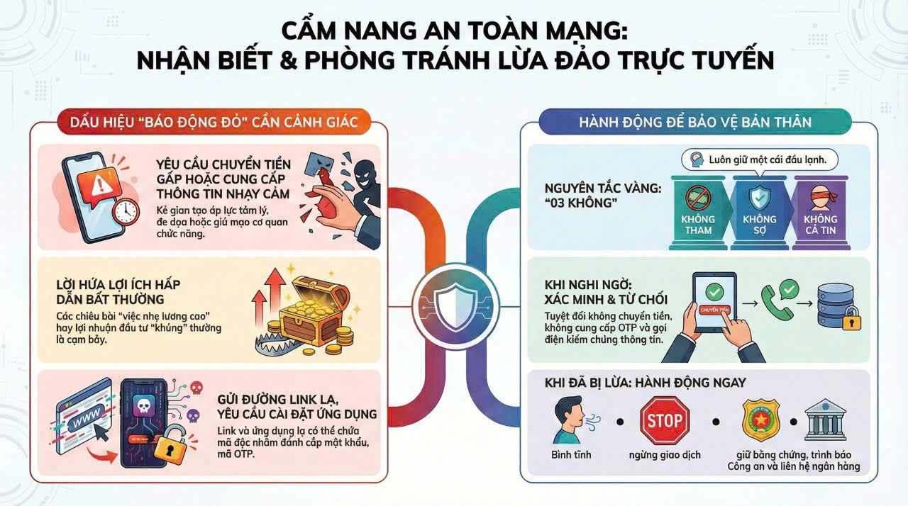 Infographic: CẨM NANG AN TOÀN MẠNG: NHẬN BIẾT VÀ PHÒNG TRÁNH LỪA ĐẢO TRỰC TUYẾN