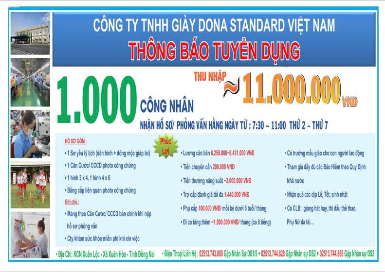 THÔNG BÁO TUYỂN DỤNG CỦA CÔNG TY TNHH GIÁY DONASTANDARD VIỆT NAM